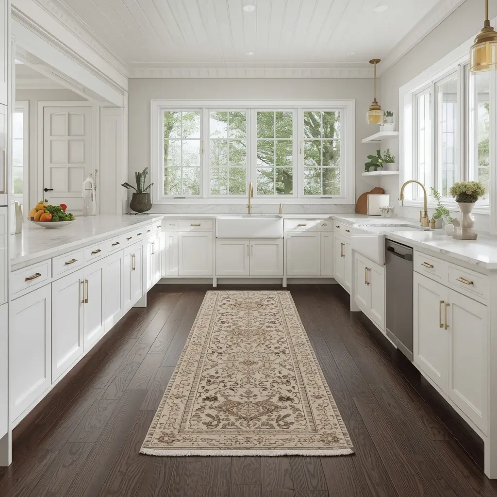 Beige washable runner rug with non-slip backing for kitchen hallway